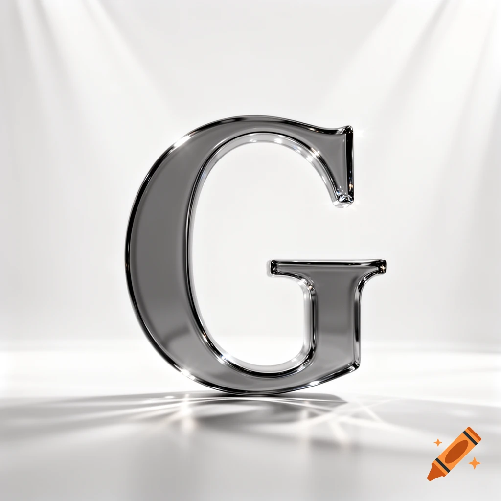 A shiny, chrome-like capital letter G stands upright on a white surface with spotlighting and shadows.