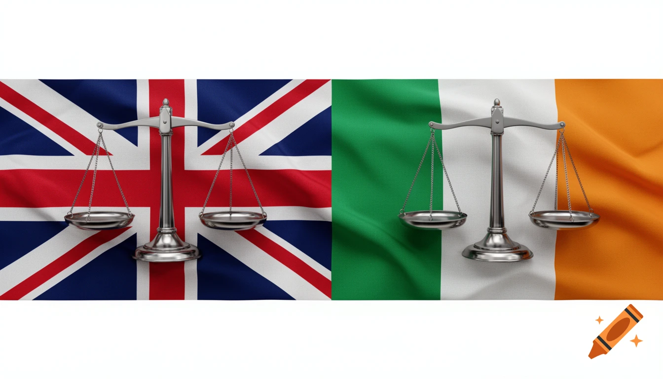 British and Irish flags side by side, with scales of justice superimposed on each.
