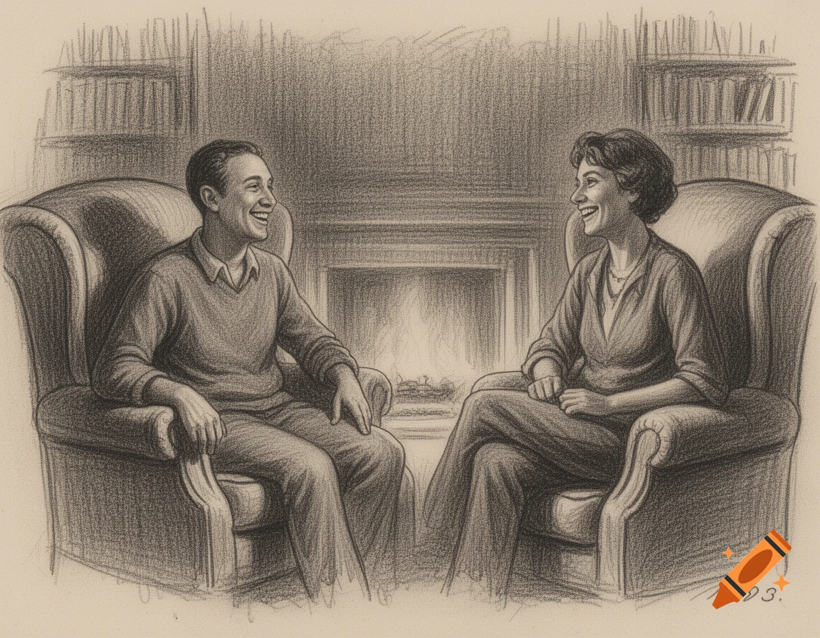 Charcoal drawing of a man and woman laughing in armchairs by a fireplace with bookshelves.
