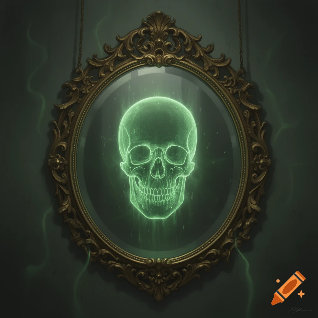 A green glowing holographic skull reflected in an ornate, antique gold mirror hanging on a dark wall.