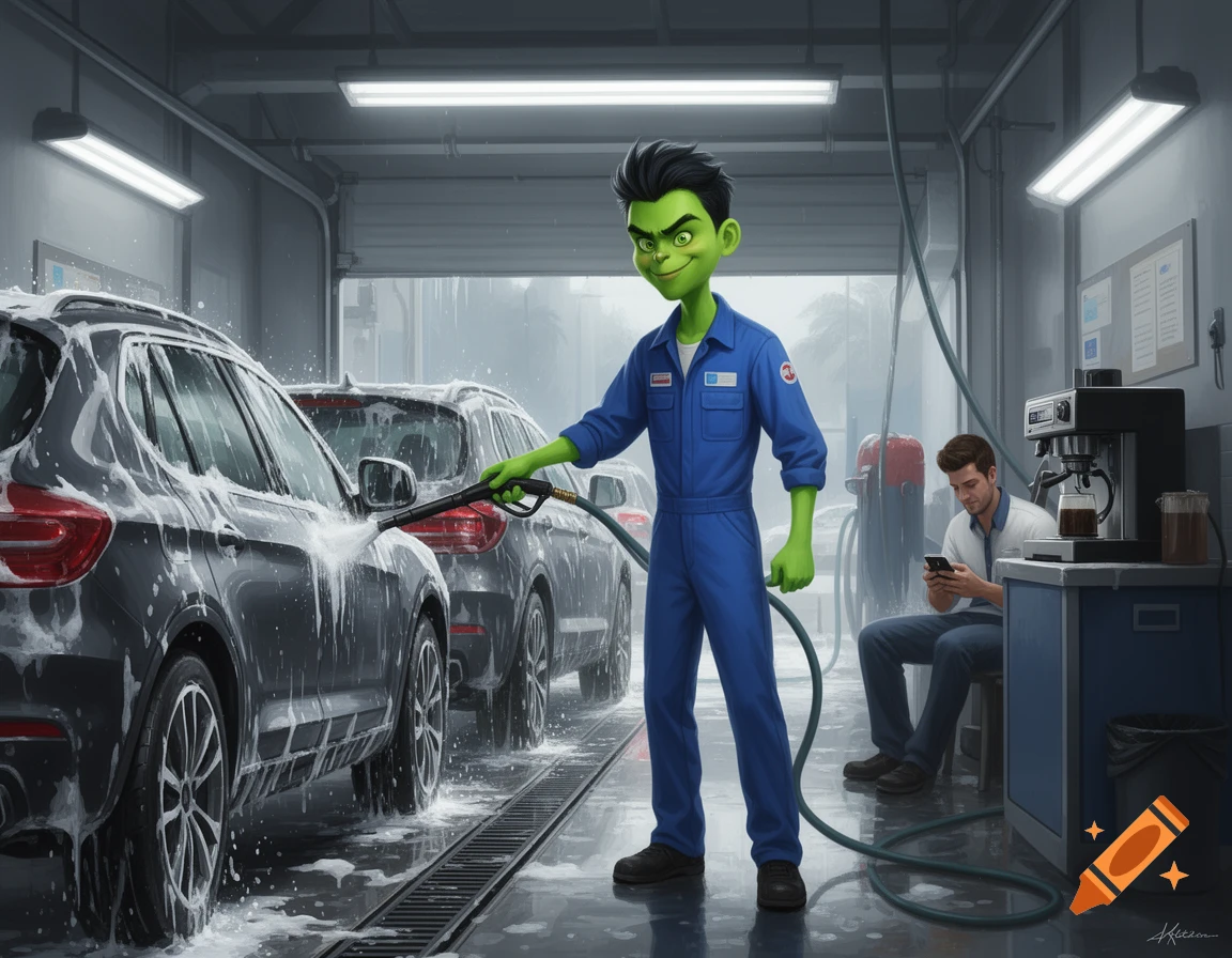 A green-skinned, black-haired cartoon man in a blue mechanic's jumpsuit hoses down a black SUV at a car wash. Another man sits in the background using a phone.