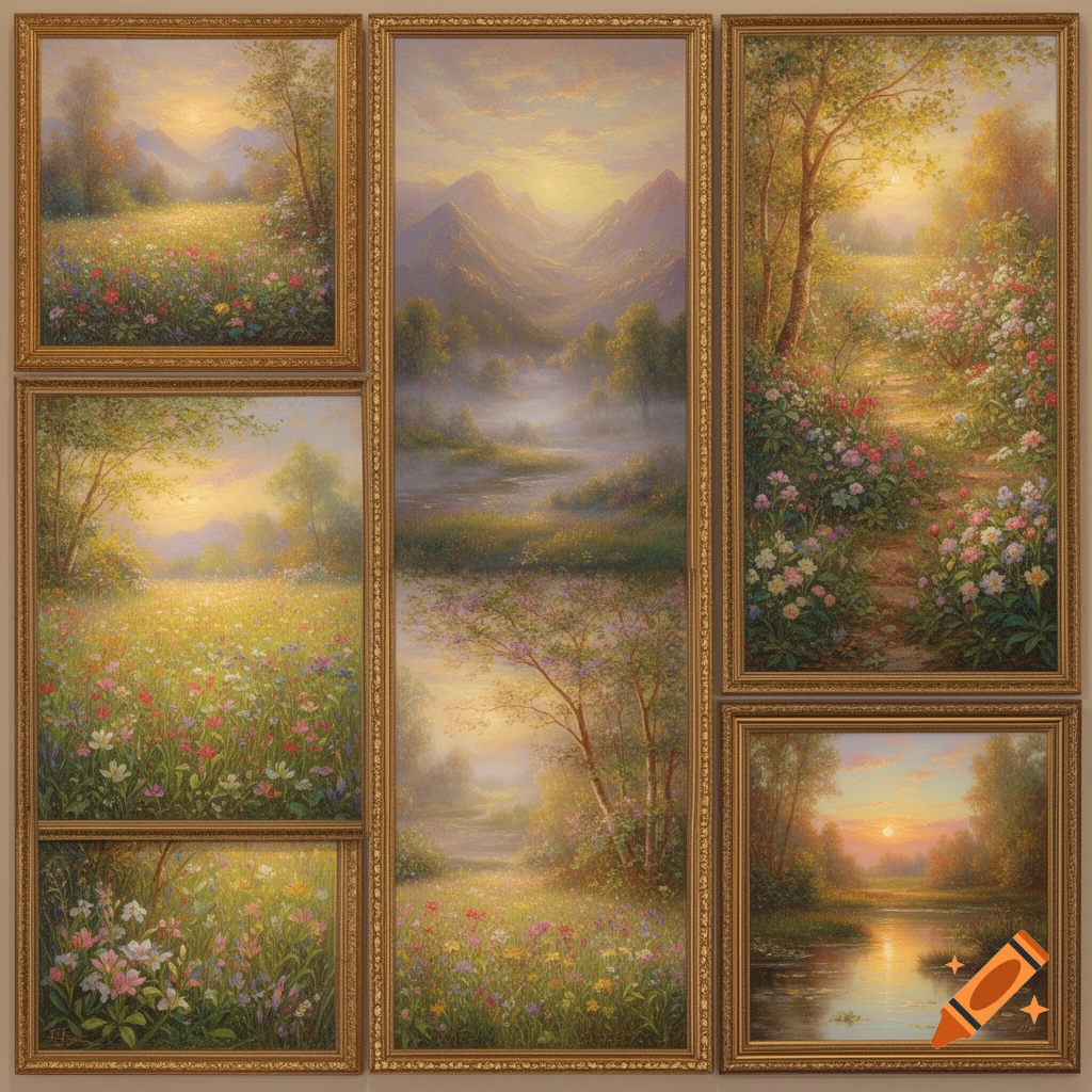 A collage of framed landscape paintings featuring sunlit fields, misty mountains, rivers, and vibrant sunsets.