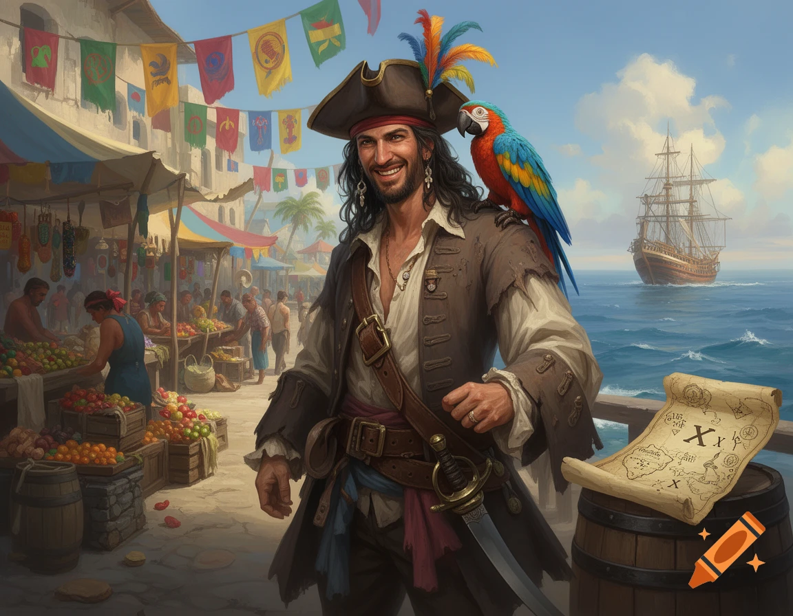 A smiling pirate with a parrot on his shoulder stands in a bustling market, a ship and treasure map in the background, digital art.