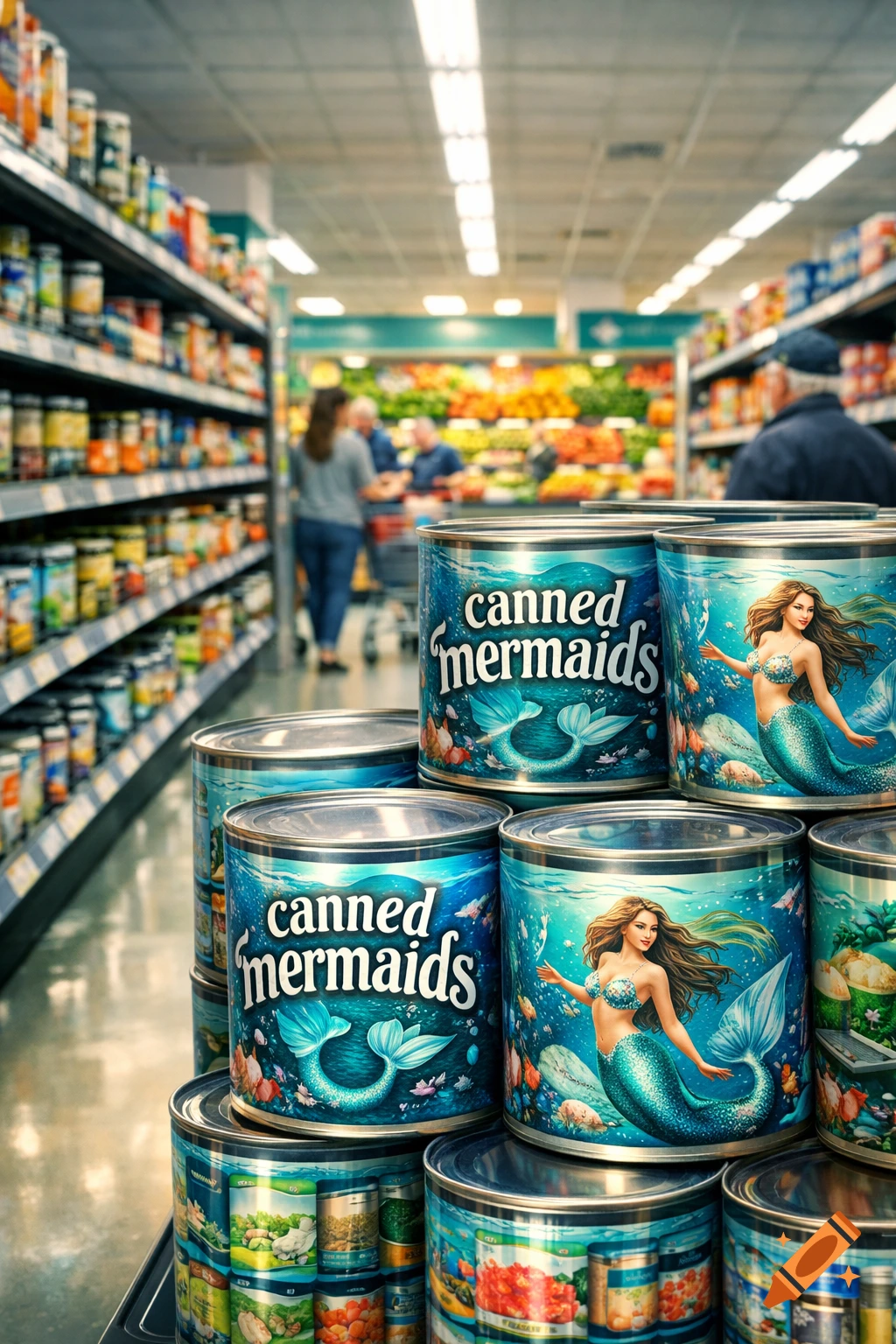 A close-up shot of several cans labeled 'canned mermaids' featuring illustrations of mermaids, displayed in a supermarket aisle.