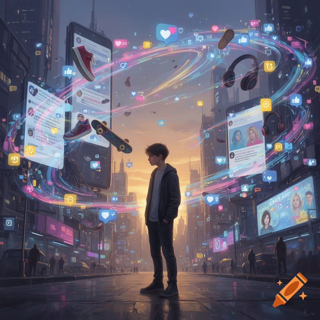 A young person stands in a futuristic city street, surrounded by floating social media icons, screens, and digital ads.