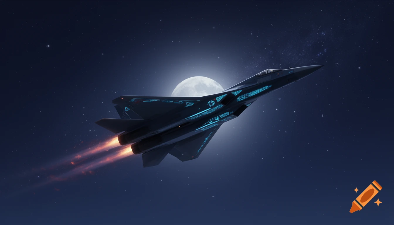 A dark fighter jet with glowing blue accents and fiery engine exhaust flies across a starry night sky with a full moon.