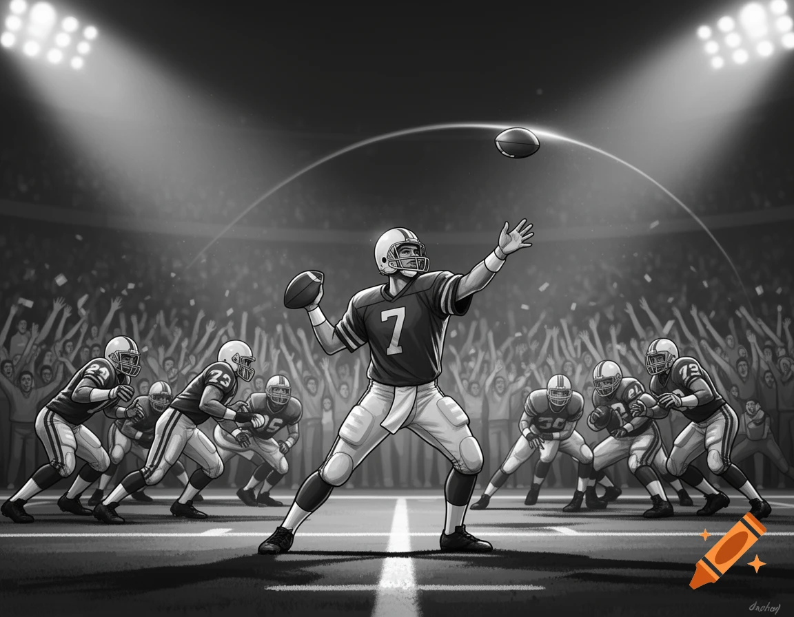 Black and white illustration of an American football quarterback throwing a pass in a stadium, with other players and cheering fans.