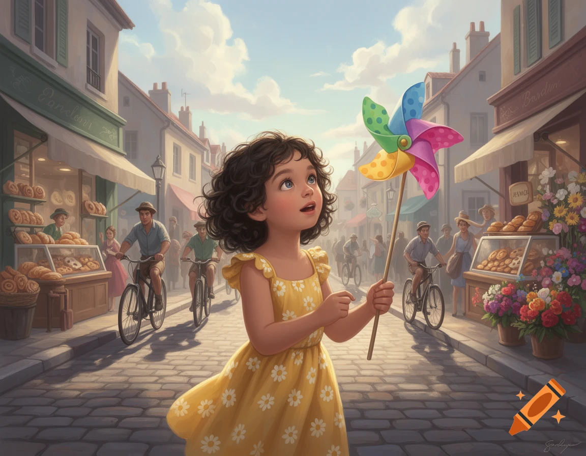 A young girl with curly hair holds a colorful pinwheel on a sunny, cobblestone street lined with charming shops, whimsical illustration.