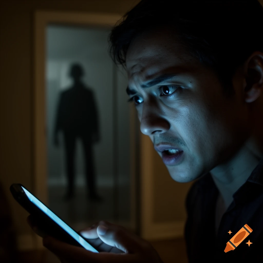 A man with a fearful expression looks at his smartphone in a dark room, while a blurred shadow figure stands in the doorway behind him.