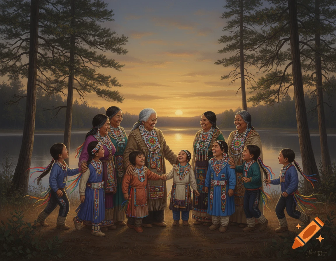 A realistic painting of a multi-generational Ojibwe family gathering by a lake at sunset, smiling and laughing among pine trees.