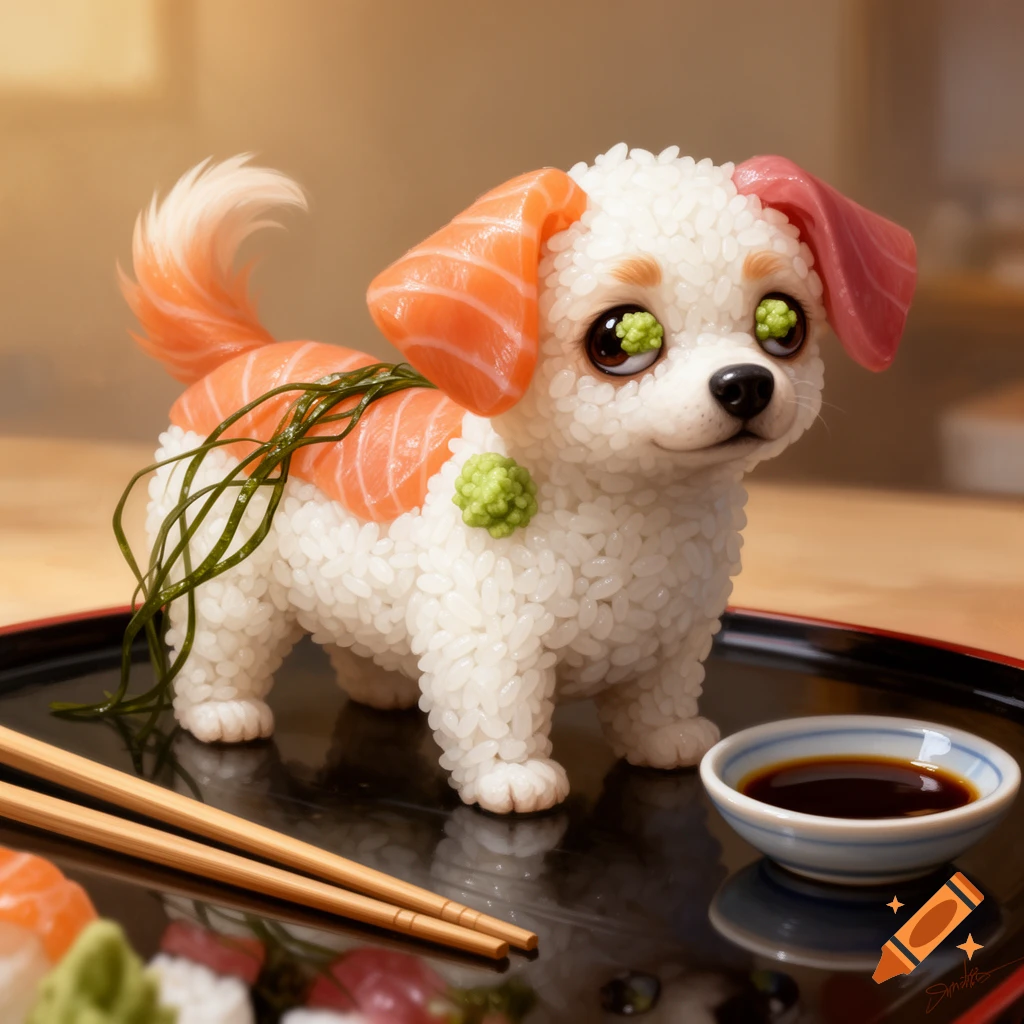 A cute puppy made of sushi rice and salmon, garnished with seaweed and wasabi, served on a black tray with chopsticks and soy sauce.