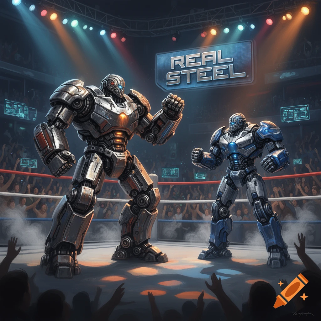Two large, metallic robots face off in a futuristic boxing ring under arena lights, surrounded by a cheering crowd.