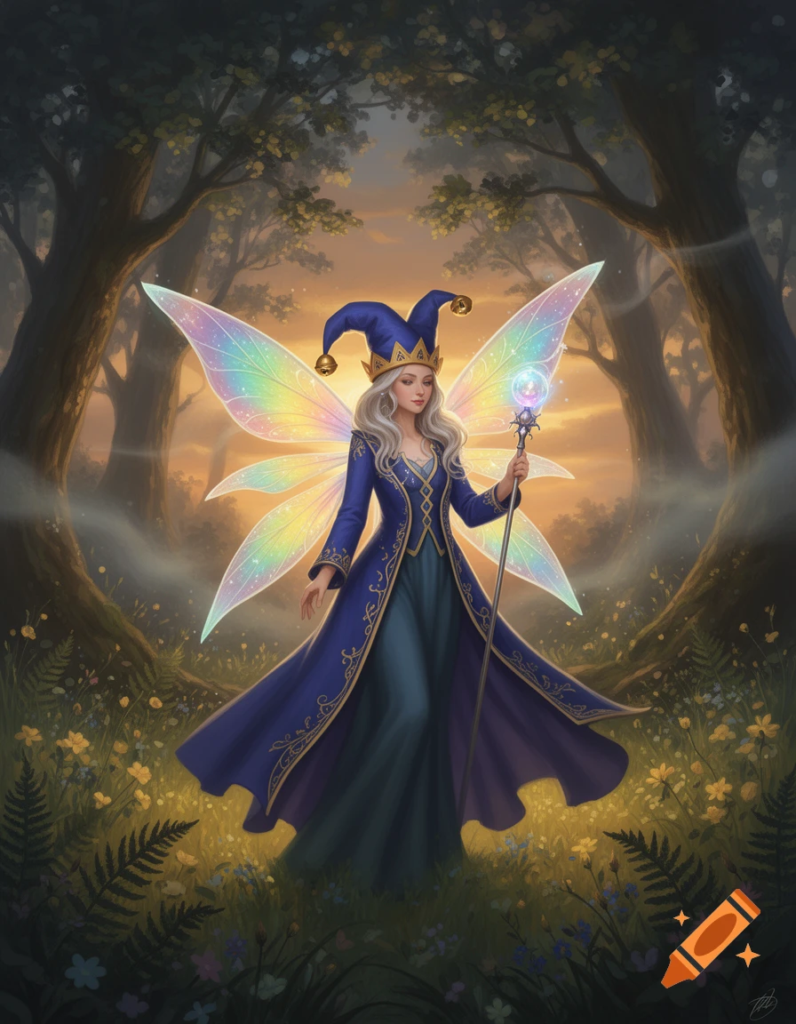 A beautiful fairy with long blonde hair, rainbow wings, a blue jester hat, and a scepter stands in a magical forest at sunset. Digital art.