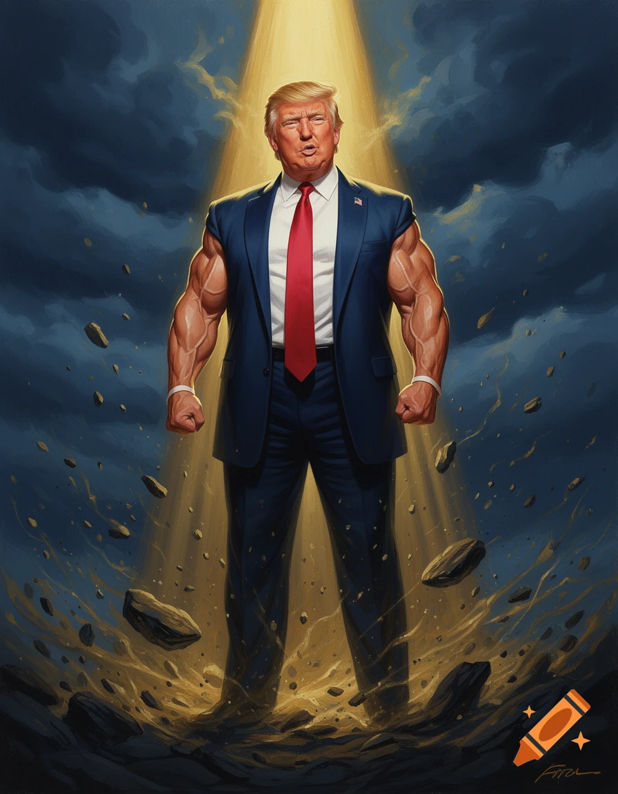 Stylized illustration of Donald Trump with exaggerated muscles, standing under a bright spotlight amidst floating rocks and a dark, cloudy sky.