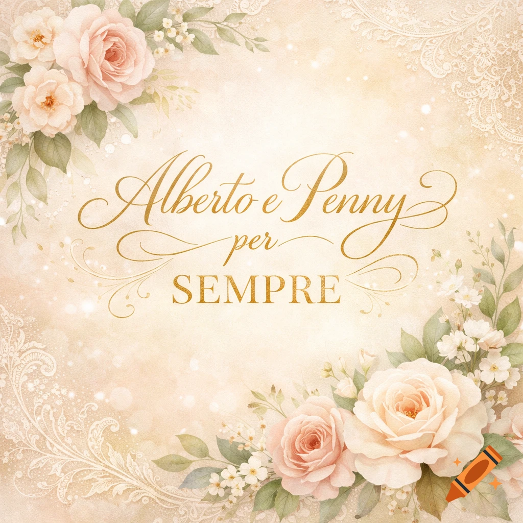 Romantic wedding invitation with blush pink roses, white flowers, and golden script 'Alberto e Penny per SEMPRE' on a textured background.