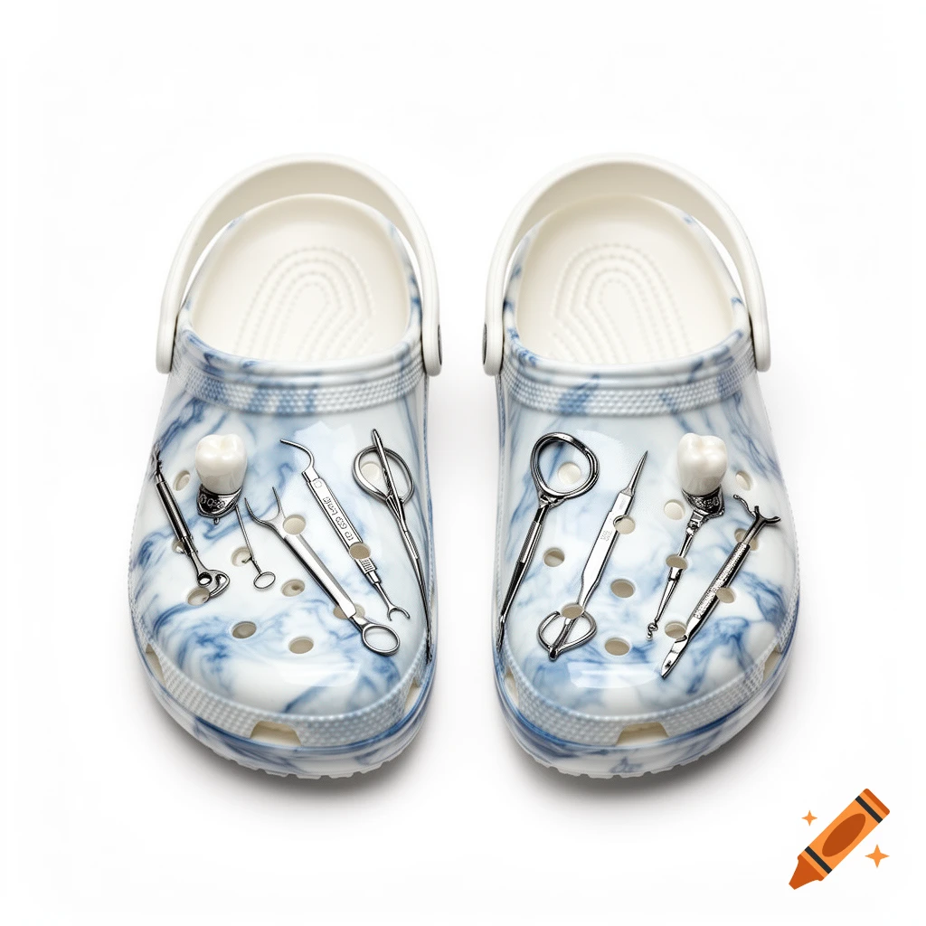 Two white and blue marbled Crocs shoes adorned with various silver dental tools and a tooth charm, on a white background.