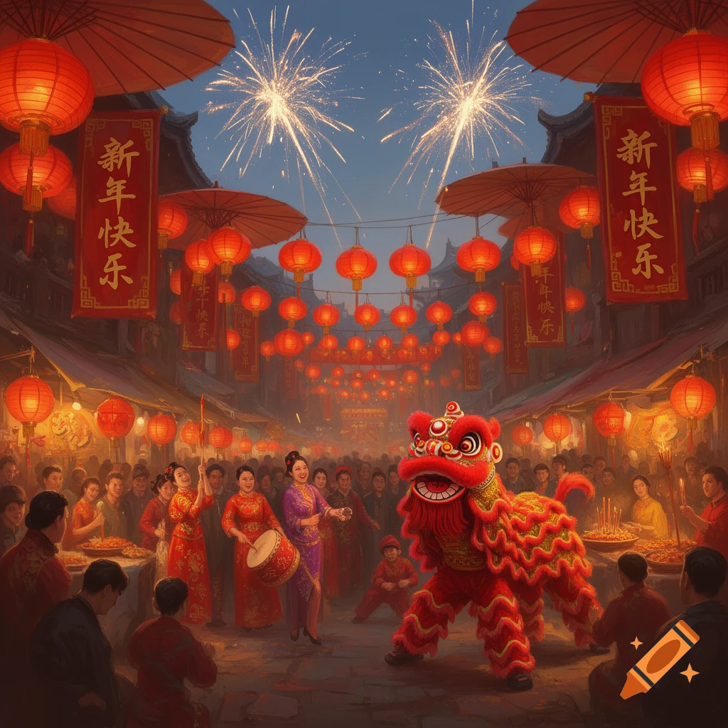 Vibrant street scene during Chinese New Year with a red lion dance, illuminated lanterns, fireworks, and crowds celebrating.