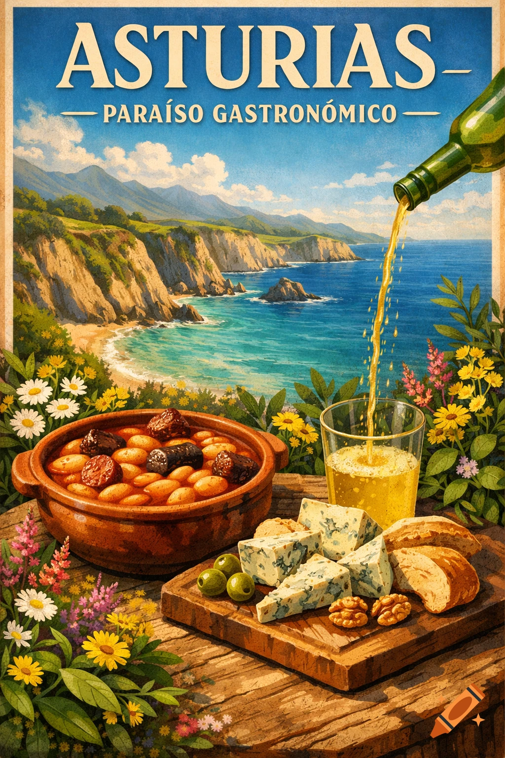 Vintage travel poster for Asturias featuring a scenic coastline with cliffs and sea, alongside Asturian food like fabada, cheese, and cider.
