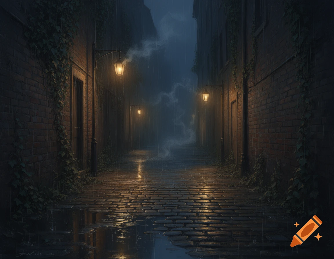 A dark, rainy city alley with glowing streetlights reflecting on wet ...