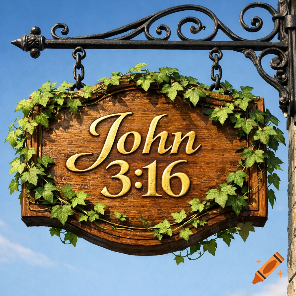 A rustic wooden sign with the text "John 3:16" in gold script, adorned with green ivy, hangs from an ornate black metal bracket against a clear blue sky.