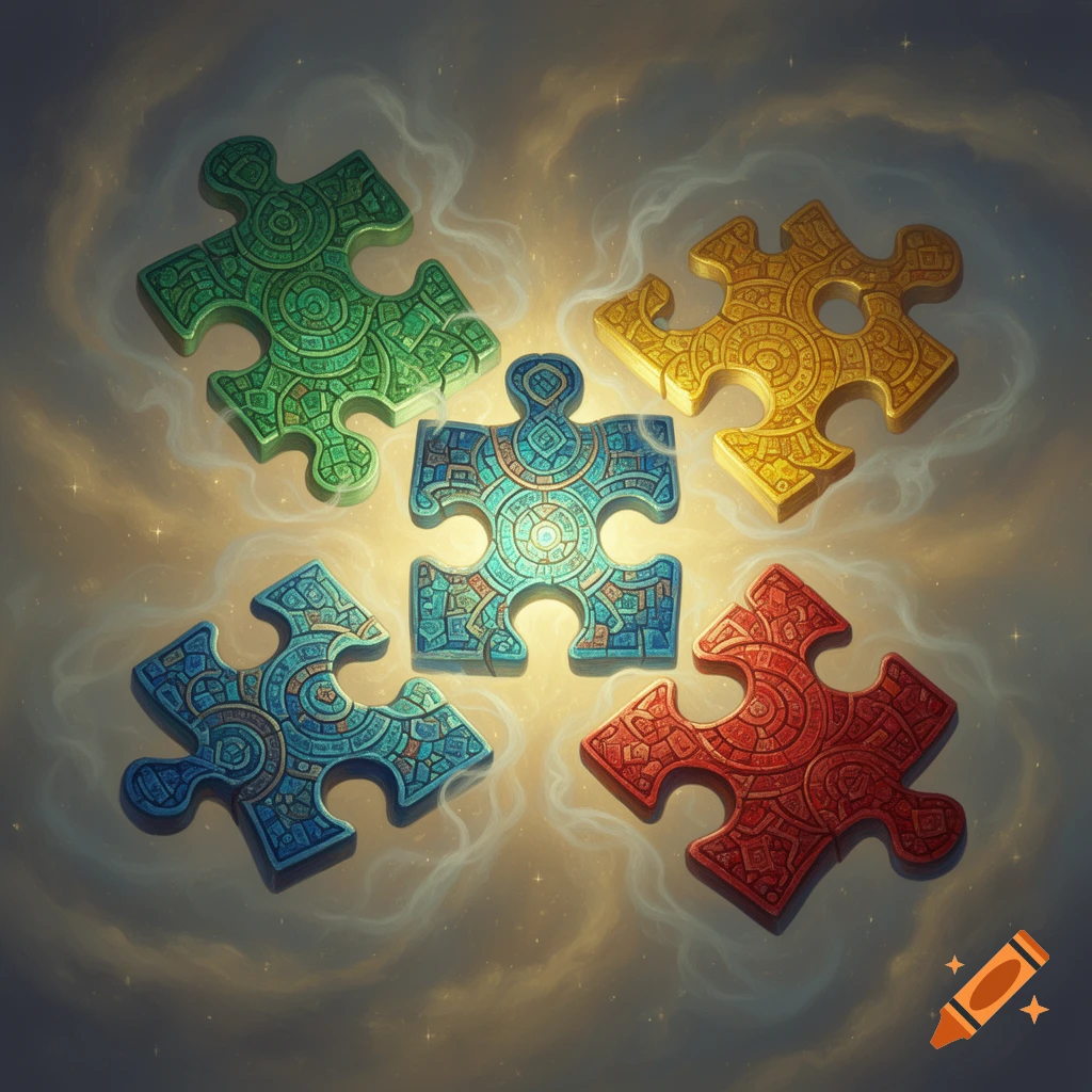 Five intricately patterned, colorful puzzle pieces glow against a cloudy, starry sky.