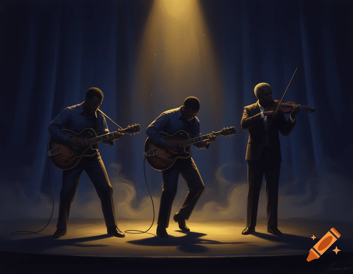 Three musicians, two guitarists and one violinist, performing on a dark stage with dramatic spotlighting.