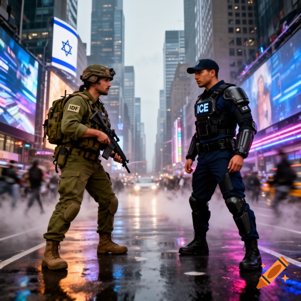 An IDF soldier and an ICE agent, armed, face each other on a wet city street at dusk, surrounded by blurred crowds and neon signs.