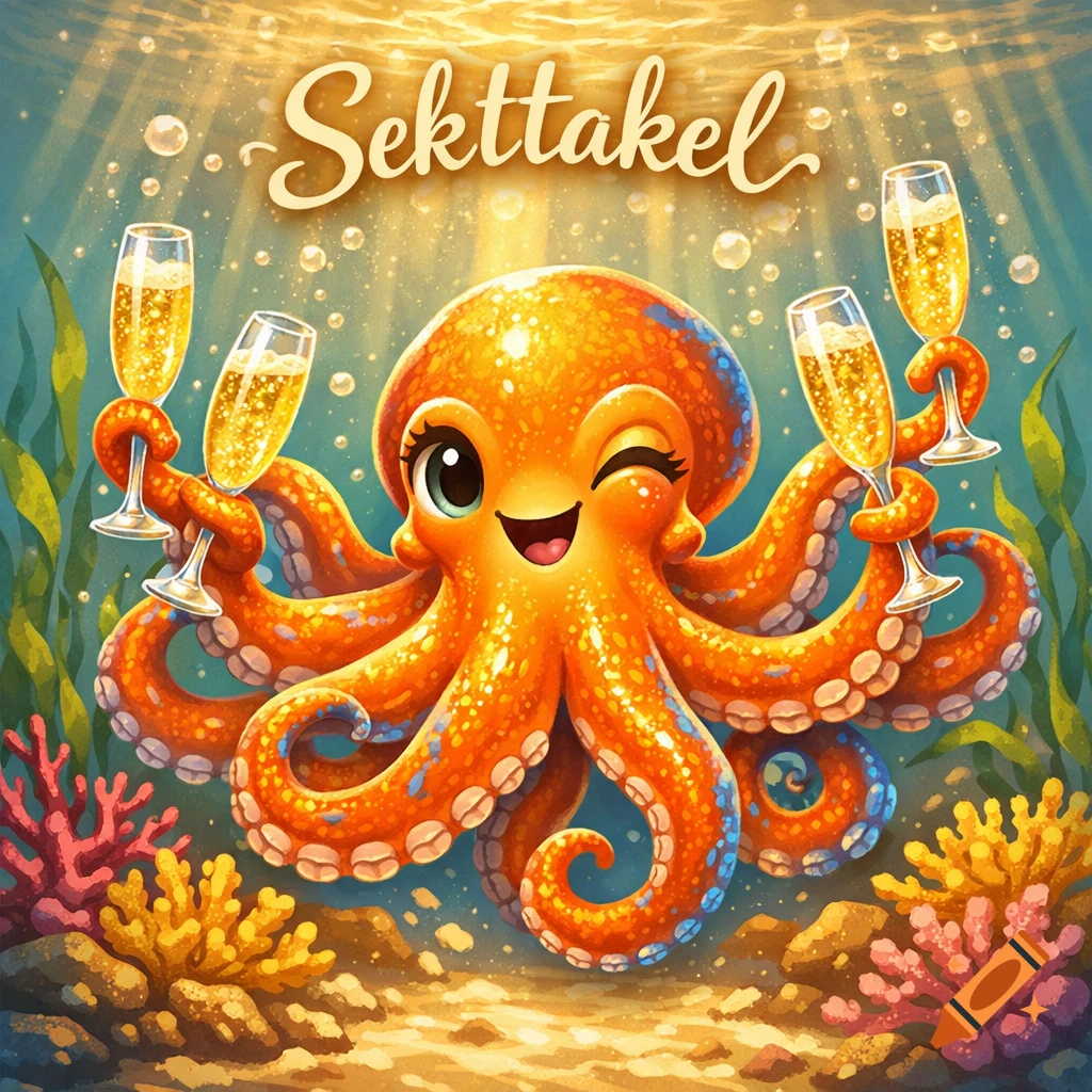 A cute, winking orange cartoon octopus underwater holds four champagne glasses. "Sekttakel" text above.