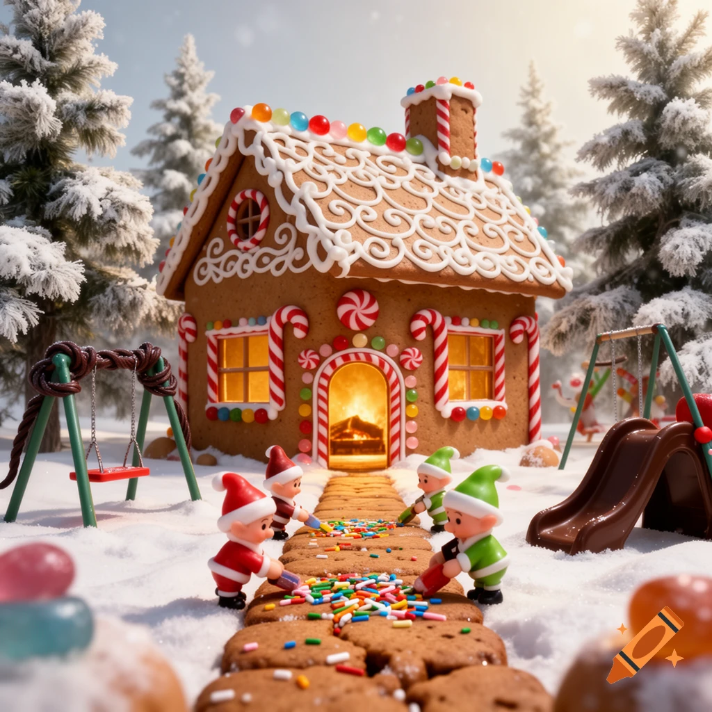 Festive gingerbread house with glowing doorway, tiny elf figures decorating a cookie path in a snowy miniature winter playground.