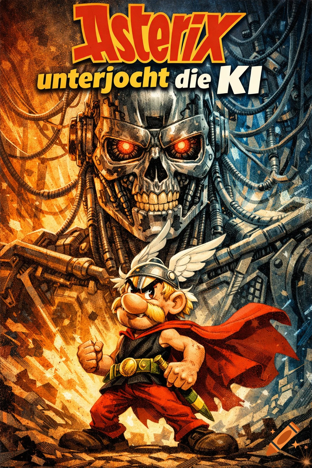 Asterix, in comic book art style, stands heroically before a menacing metallic robot skull, with text 'Asterix unterjocht die KI'.