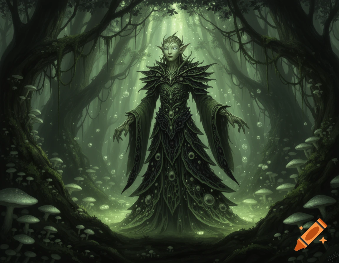 An elven druid in ornate, dark green fungus-themed robes stands in a mystical, dark forest with glowing mushrooms and dappled sunlight.