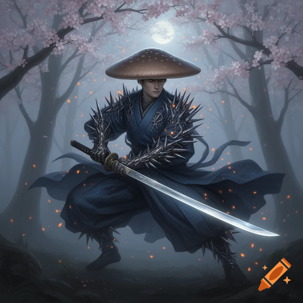 Ronin samurai with a mushroom cap hat and thorn-covered arms, wielding a katana in a foggy, moonlit cherry blossom forest.