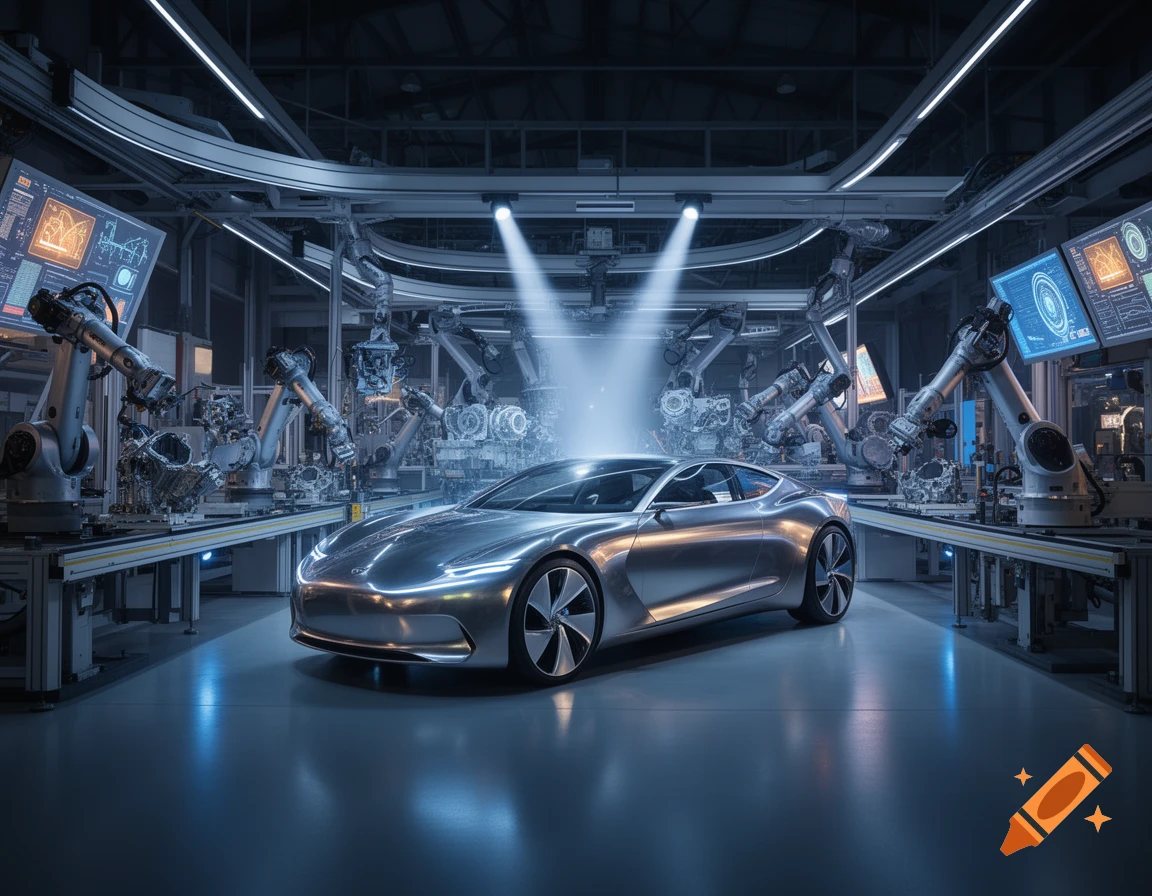 Sleek silver futuristic car on an assembly line, surrounded by robotic arms and glowing screens in a modern factory setting.