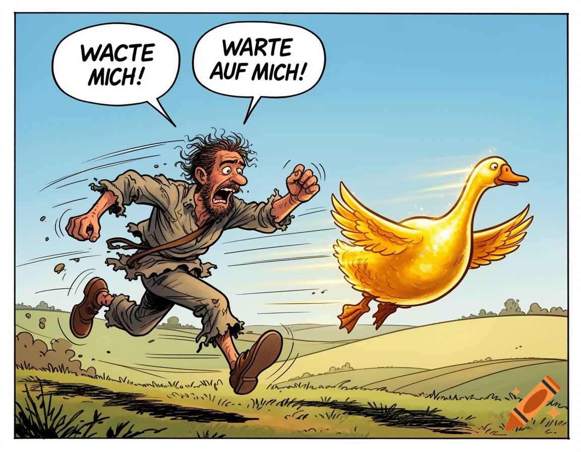 A cartoon man in ragged clothes chases a glowing golden goose across a field, with speech bubbles showing German text.
