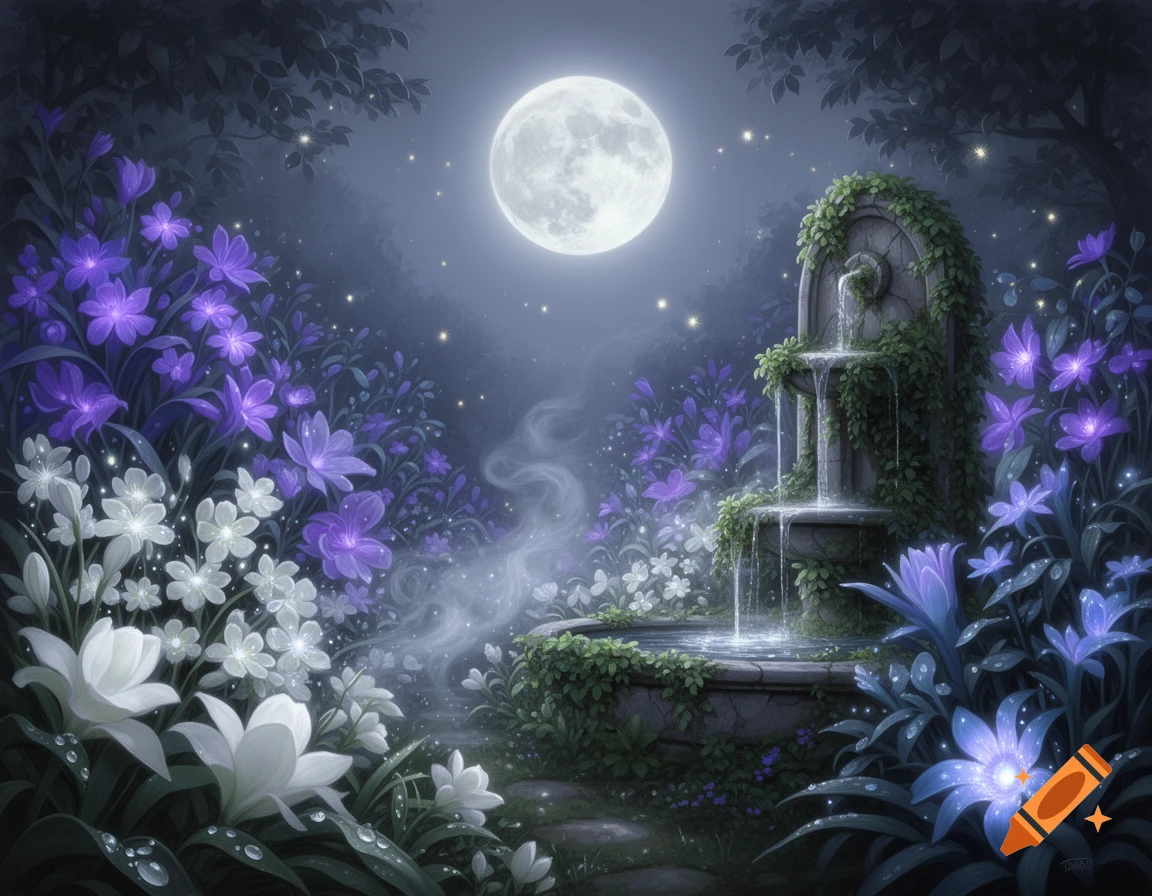 A magical garden at night under a full moon, with a stone fountain ...