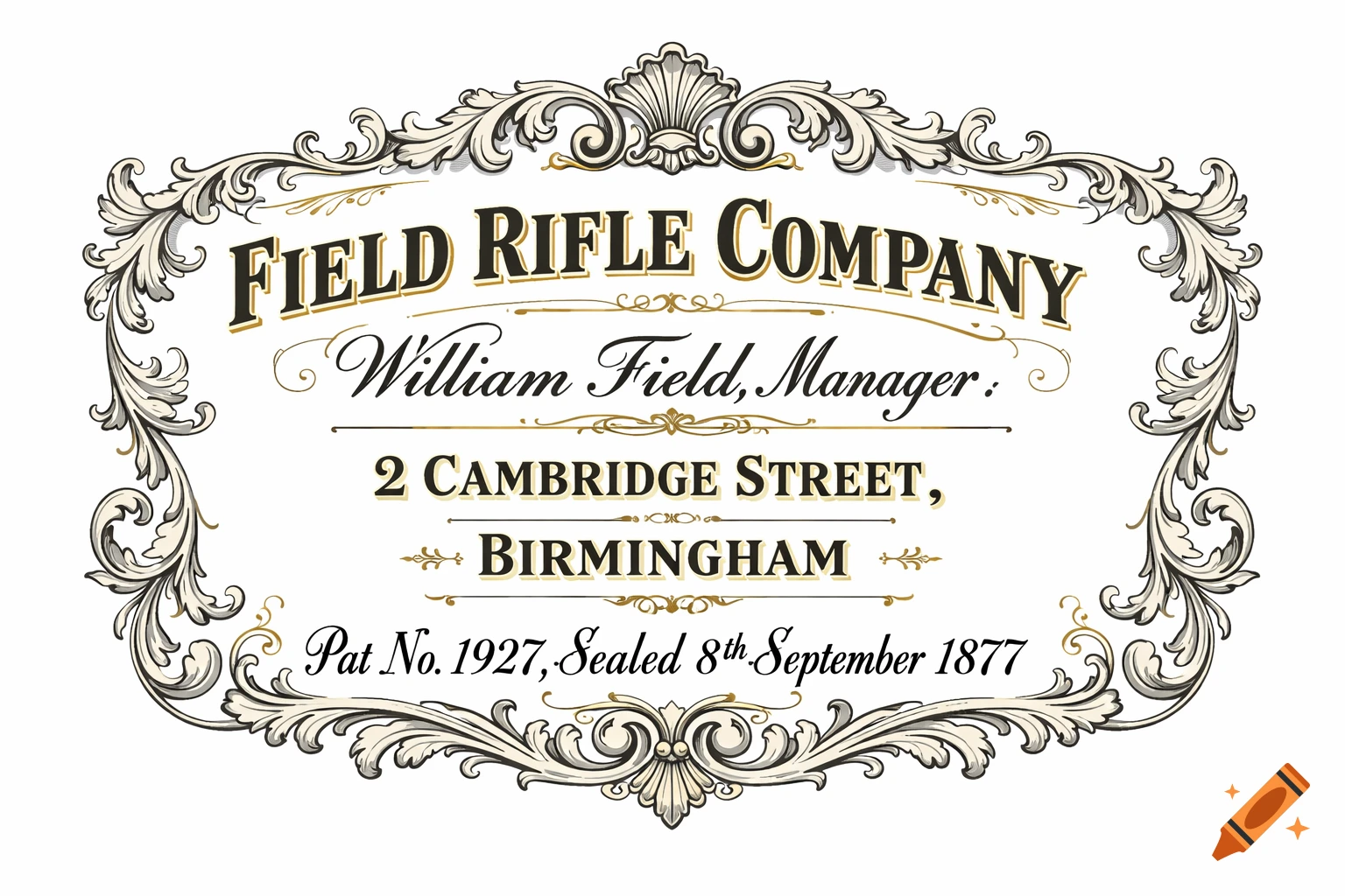 Victorian-style label for Field Rifle Company, with ornate flourishes and text for 'William Field, Manager', address, and patent date.