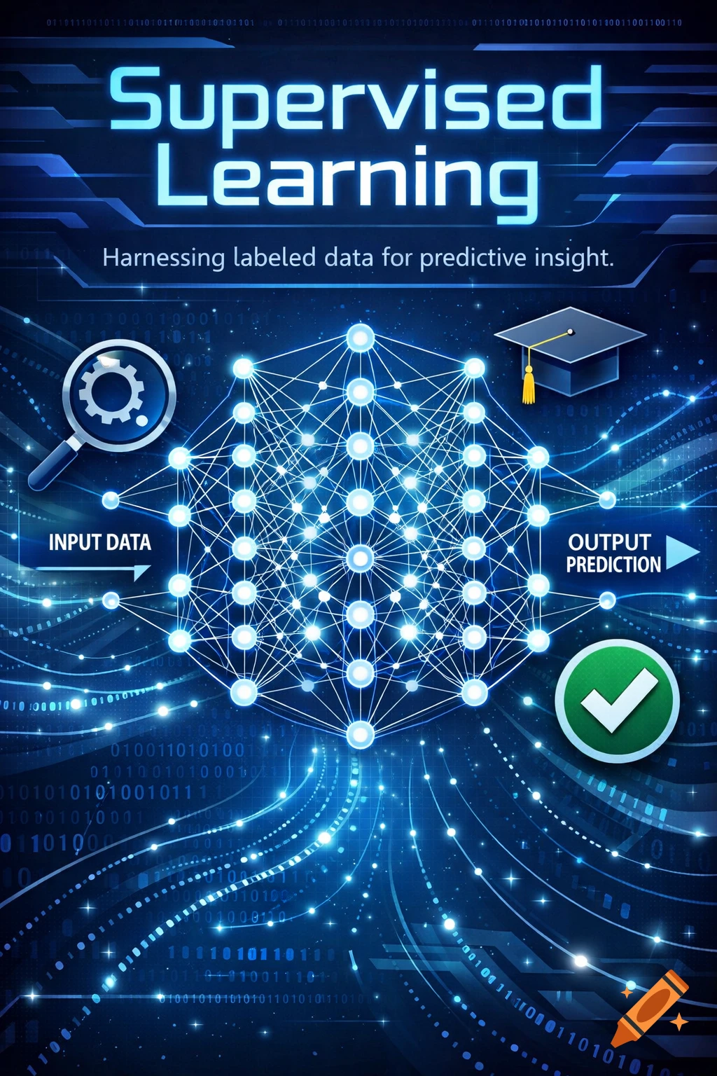 A dark blue poster with glowing lines illustrating 'Supervised Learning' via a neural network diagram, showing input data to output prediction.