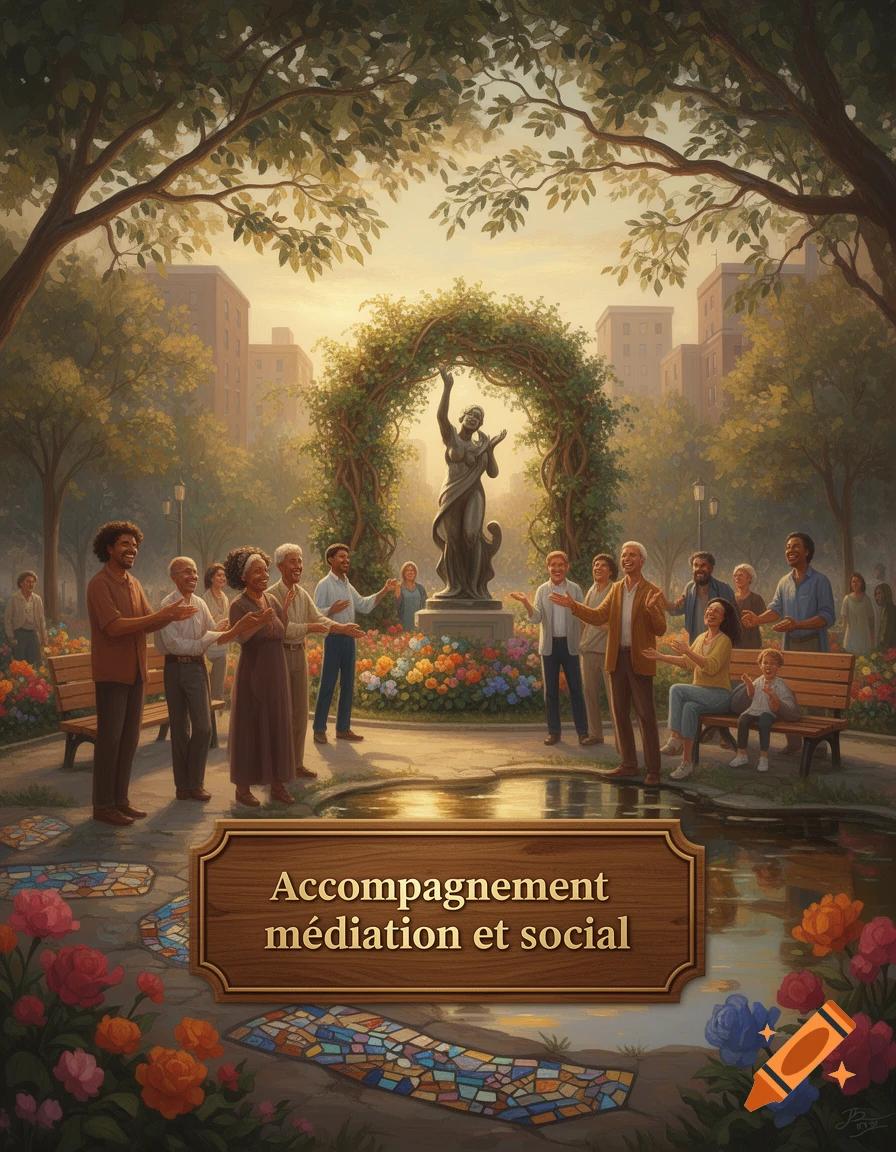 A diverse group in a sunny park with a statue and a sign reading 'Accompagnement m médiation et social' in a painterly style.