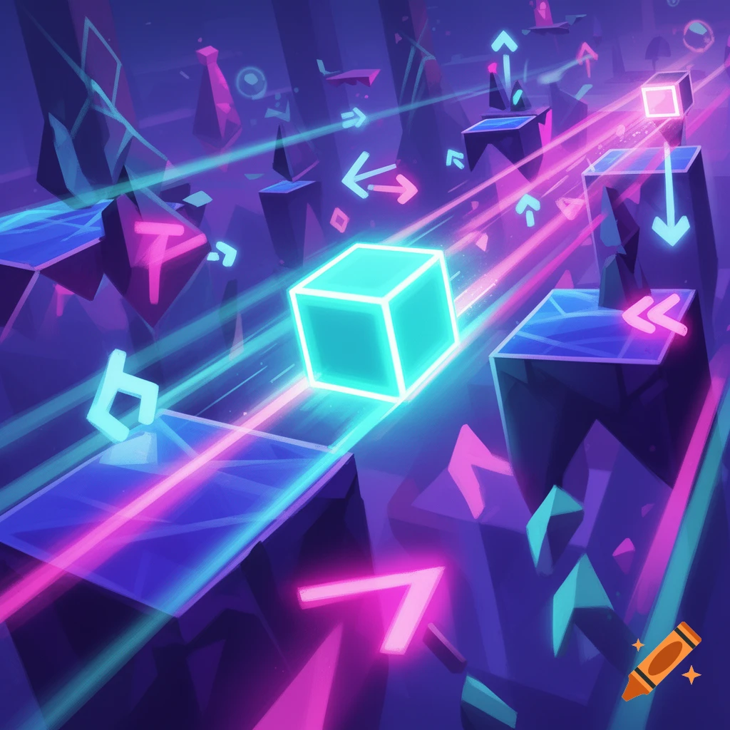 Vibrant neon-lit abstract landscape with glowing geometric shapes ...