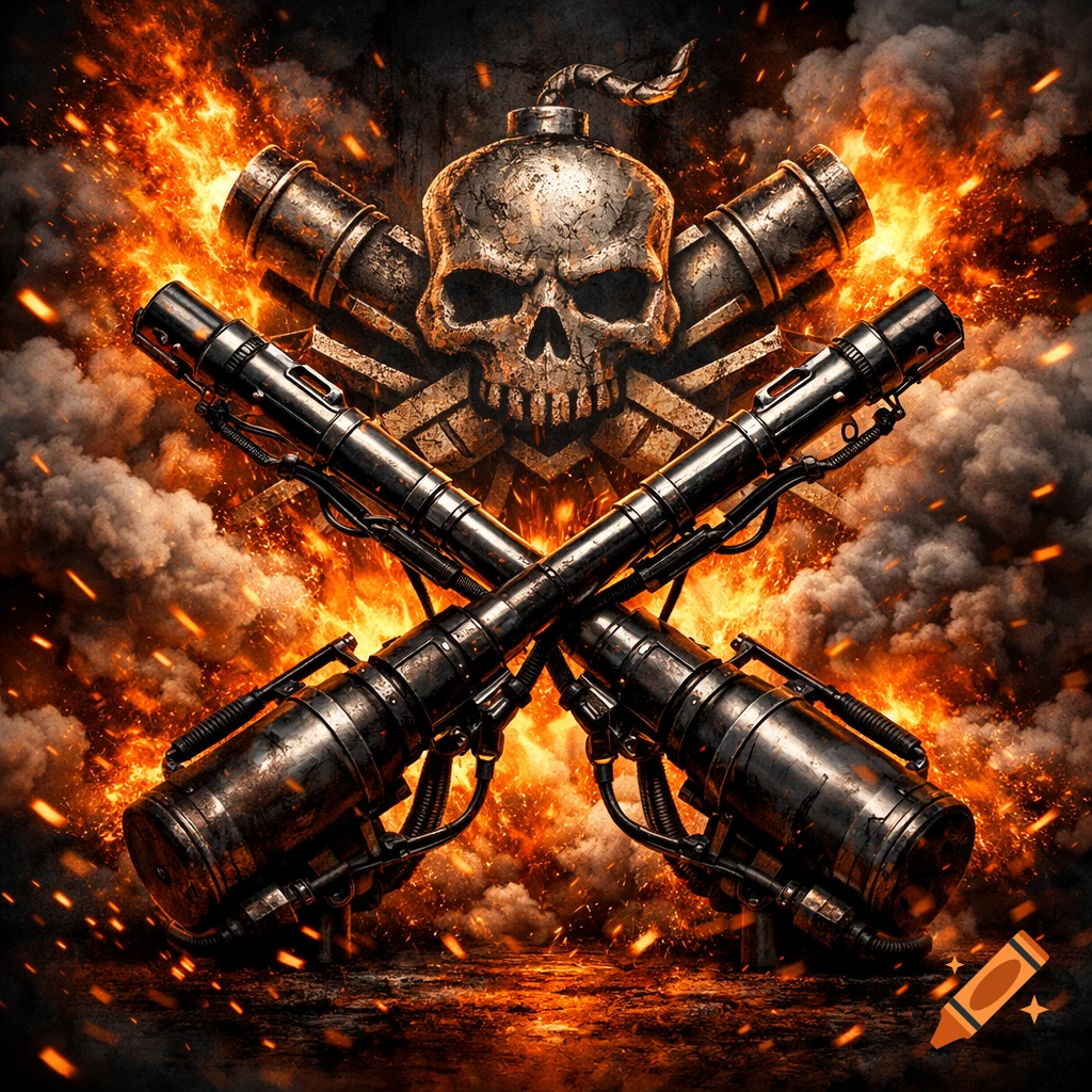 Crossed flamethrowers with a bomb-fused skull and crossbones emblem amidst fiery explosions and smoke, dynamic style.