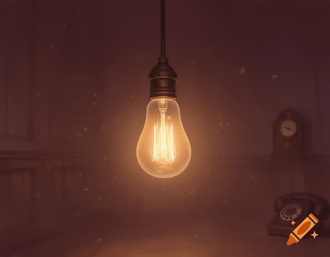 An illuminated Edison bulb hangs in a dusty, dimly lit room, with a vintage clock and rotary phone in the background.