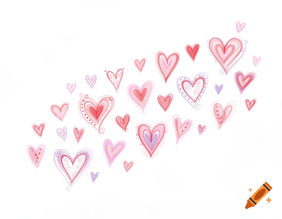 Hand-drawn pink and purple hearts scattered on a white background.