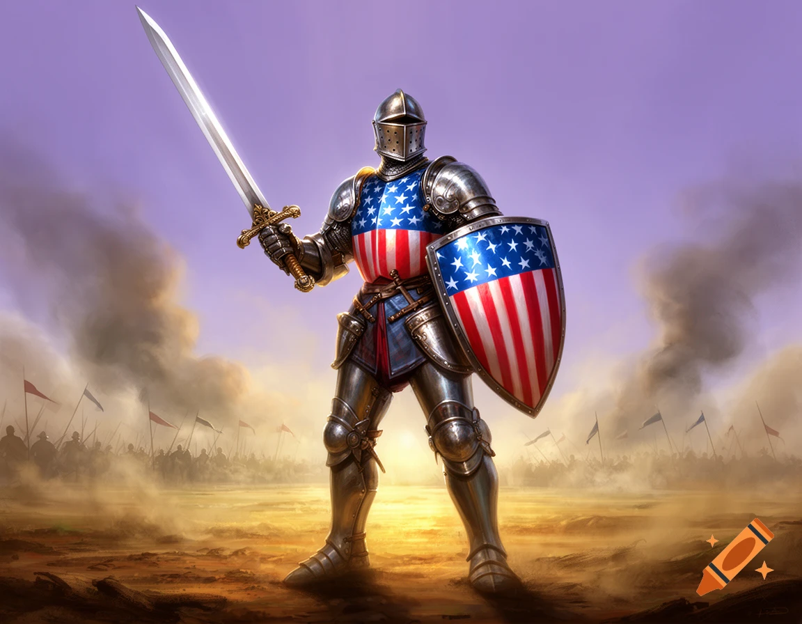 A knight in American flag decorated armor holds a sword and shield on a smoky battlefield.