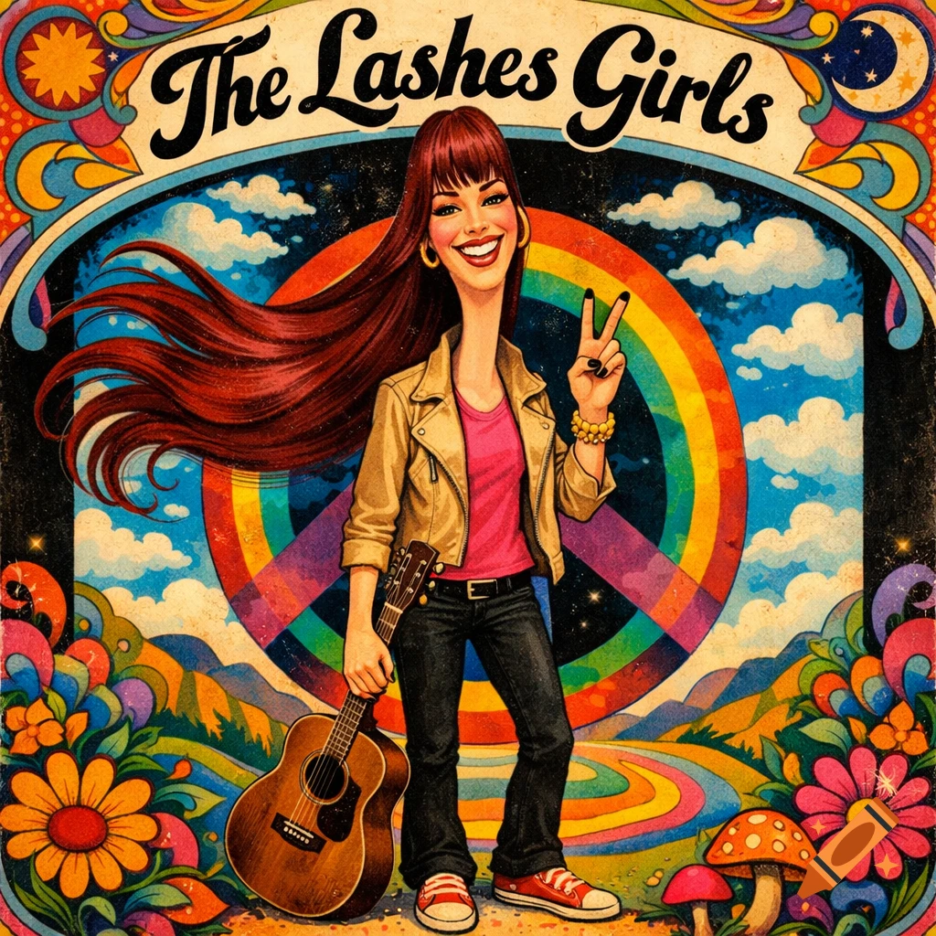 A psychedelic album cover featuring a cartoonish woman with long red hair, a long neck, and a peace sign, holding a guitar against a rainbow backdrop.