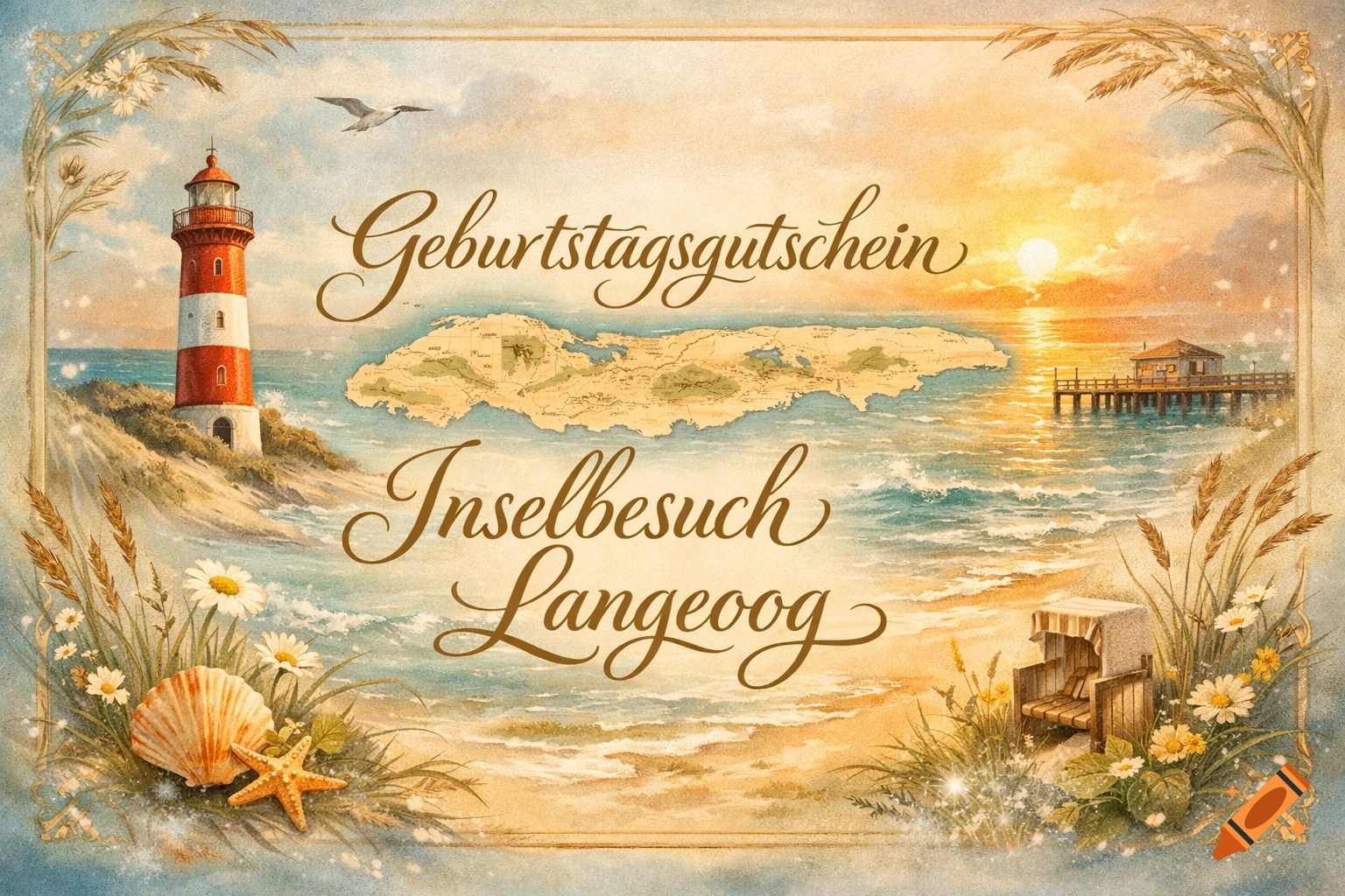 Vintage illustration of a sunny beach with a lighthouse, pier, map, and text 'Geburtstagsgutschein Inselbesuch Langeoog'.