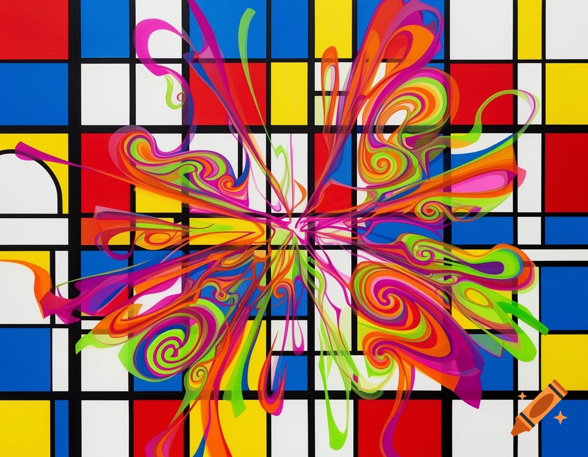 Abstract art with colorful, swirling lines and shapes over a geometric grid of red, blue, yellow, and white squares.
