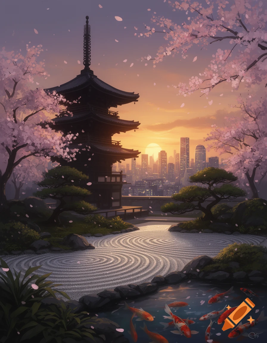 A stylized Japanese pagoda and zen garden with koi pond and cherry blossoms at sunset, overlooking a modern city skyline.