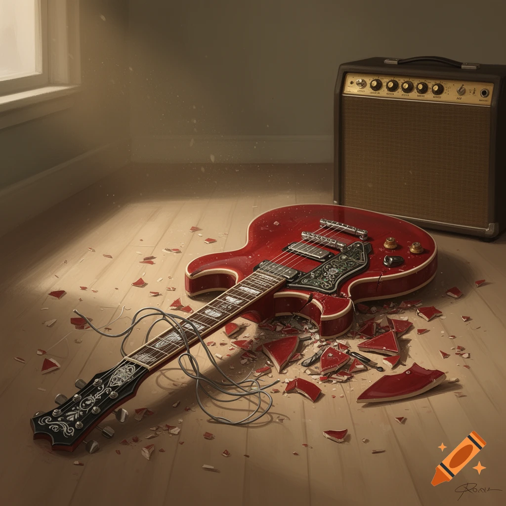 A broken red electric guitar lies on a wooden floor next to an amplifier, with shattered pieces scattered around.