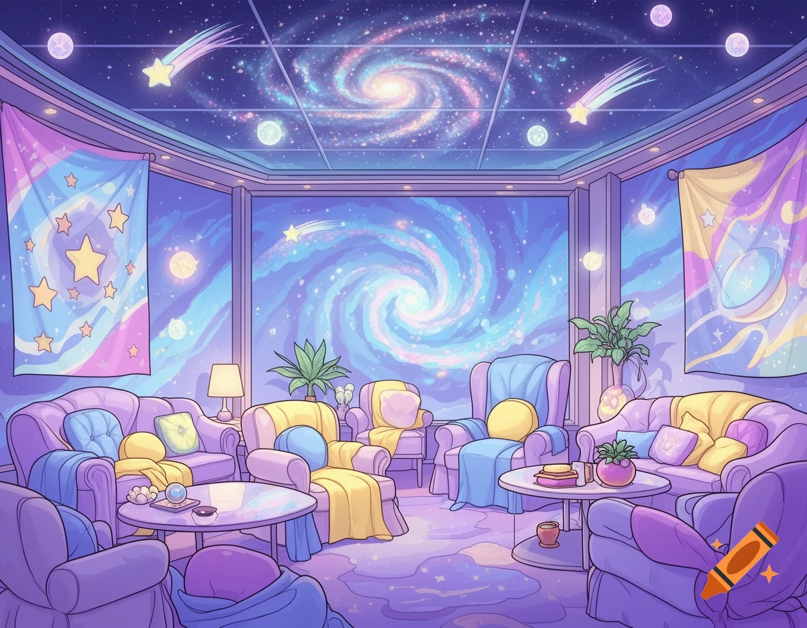A cartoon galaxy lounge with pastel purple, yellow, and blue furniture, celestial windows, and starry decor.