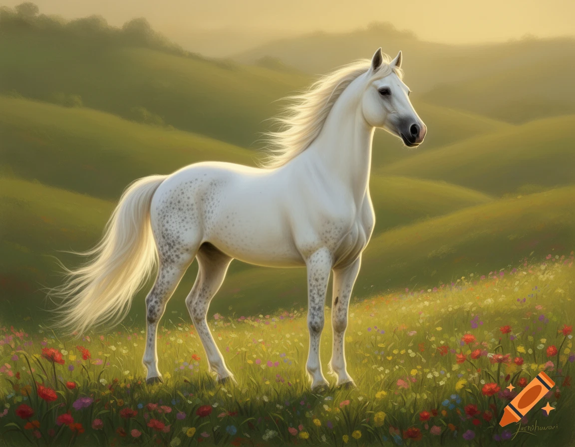 A majestic white horse with dappled gray spots stands in a sunlit field of colorful wildflowers, with rolling green hills in the background.